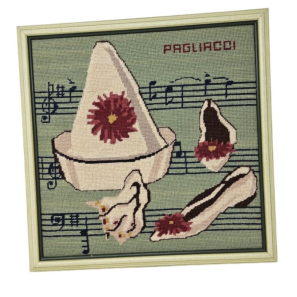 Vintage 60s Handmade Pagliacci Opera Needlepoint Framed Preppy Traditional